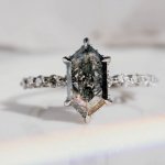 Hexagon Cut Salt and Pepper Diamond in Engagement Ring