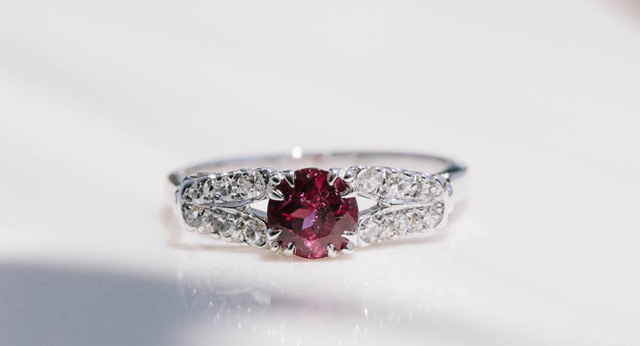 Red Tourmaline Rubellite and Diamond Split Shank Ring